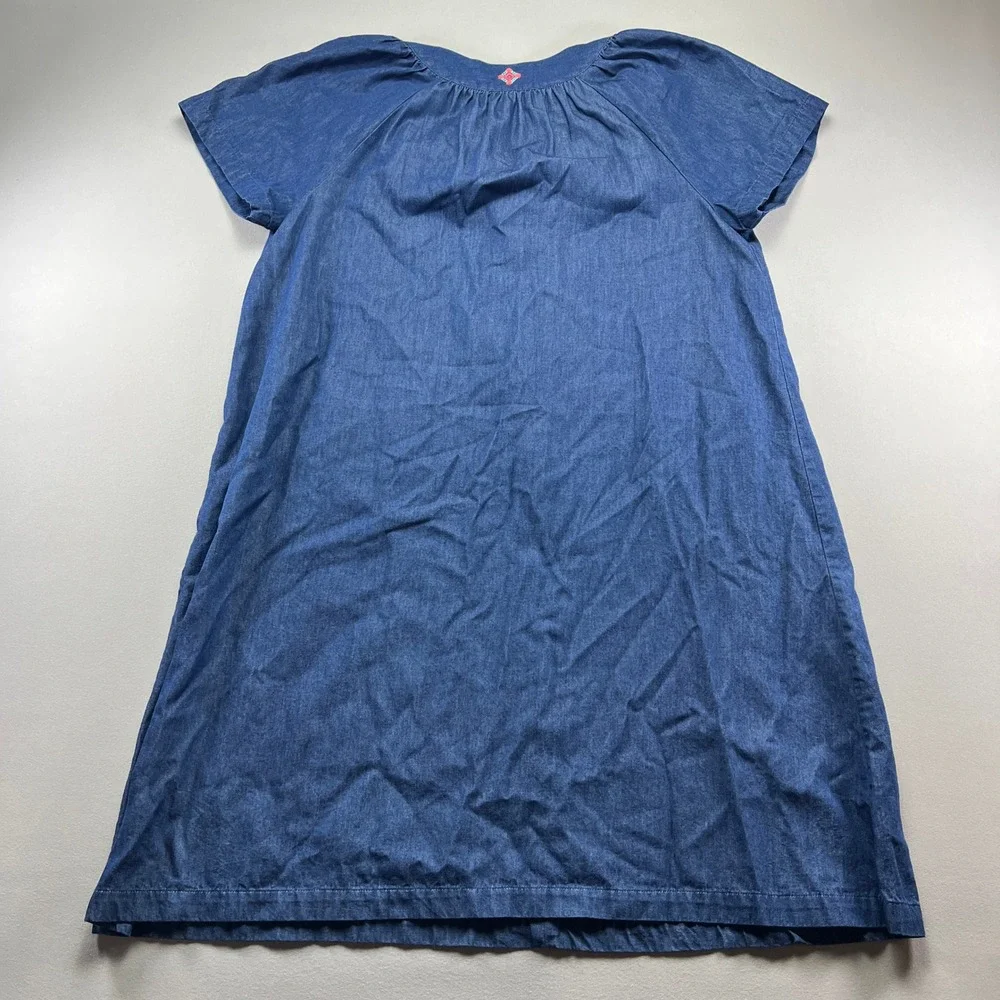 Go Softly Patio Tunic Dress Womens Large Blue Denim Cotton Pleated Split V Neck